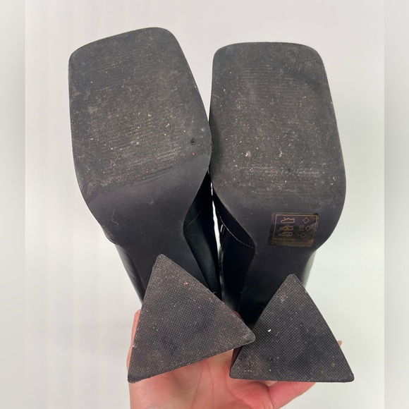 Black Knee High Faux Leather Boots Square Toe Chunky Triangular Heel 7.5 - Picture 10 of 13